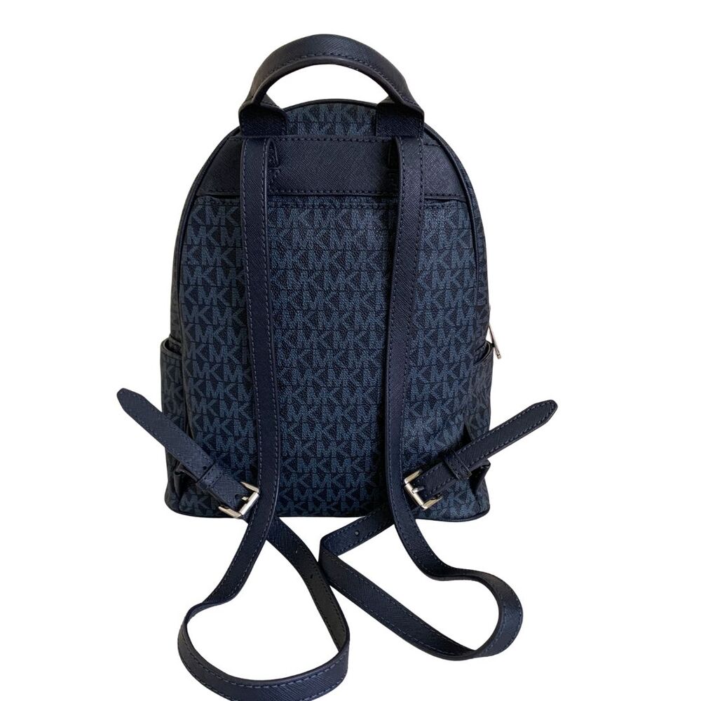 Michael Kors Abbey MK Logo Floral Appliqué Backpack Navy Blue Studded Leather Me - Picture 5 of 11